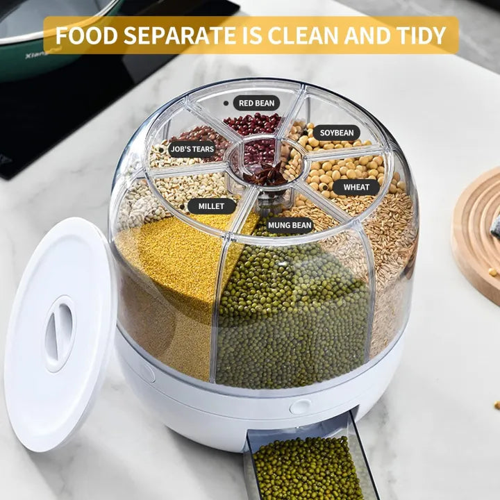 6-Grid 360° Rotating Cereals Rice Container Kitchen Organizer Food Storage Dispenser Box 7KG
