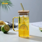 Square Glass Tumbler with Handle wood cap