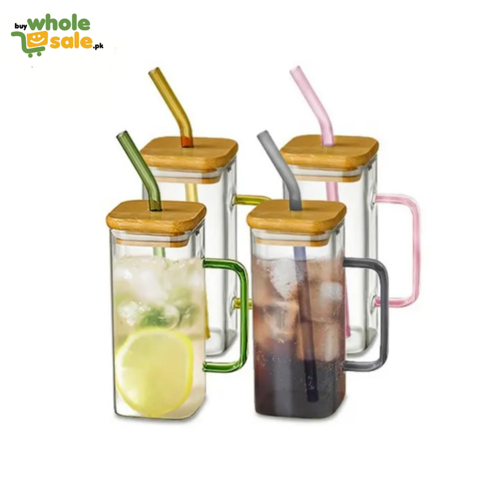 Square Glass Tumbler with Handle wood cap