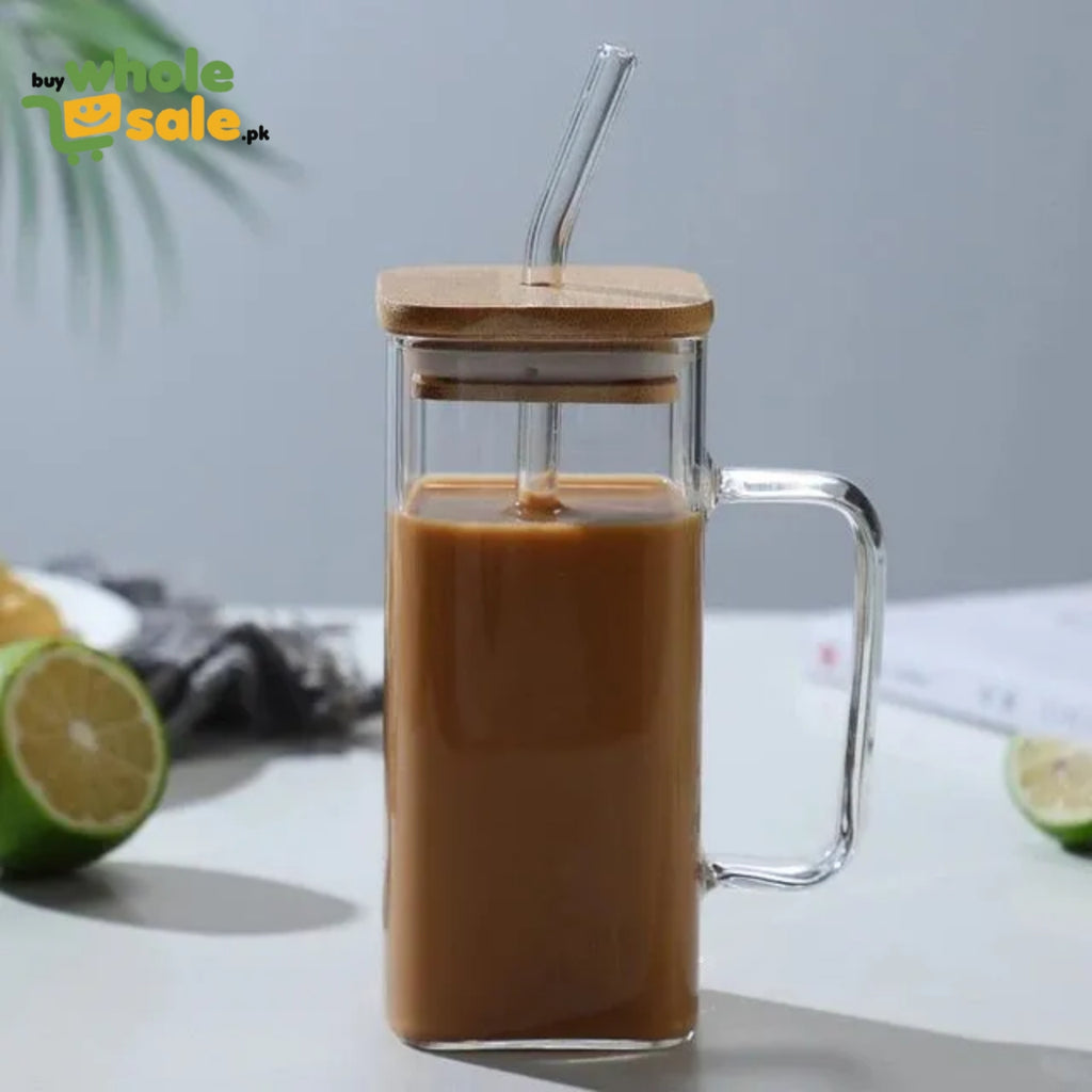 Square Glass Tumbler with Handle wood cap