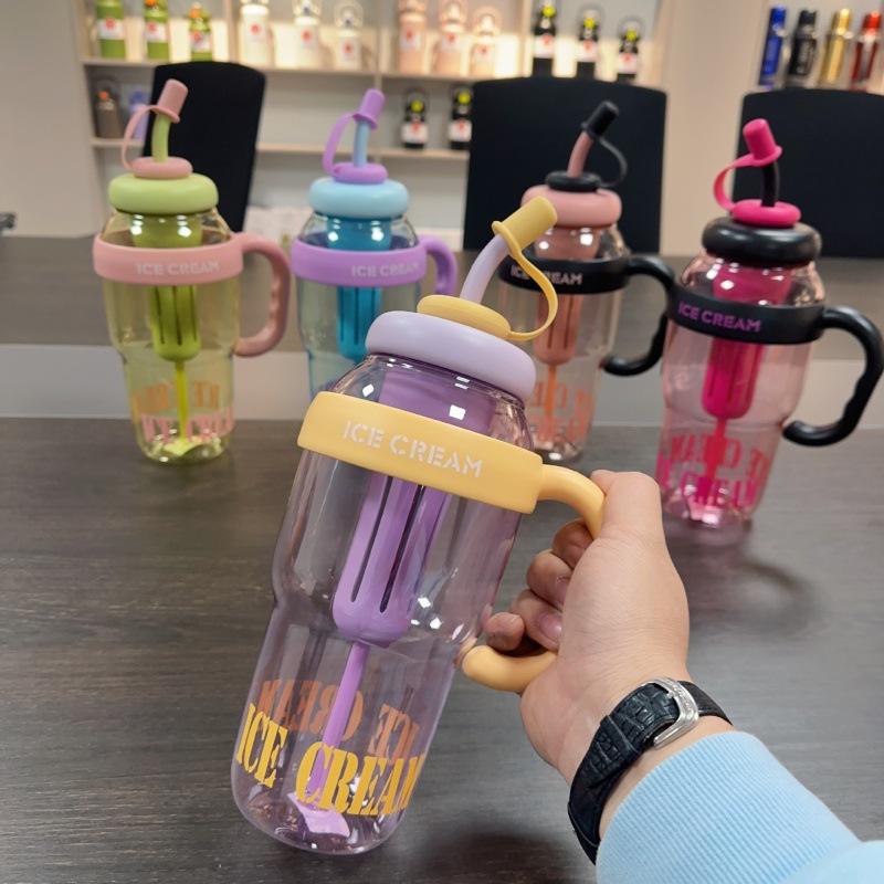 Cute Ice Cream Water Bottle Summer Plastic Cups with Handle Straw Milky Tea Cup Lucky Belly Cup Water Bottle