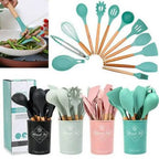 12-Piece Silicone Cooking Utensils Set – Heat Resistant & Non-Toxic Kitchen Tools with Wooden Handles