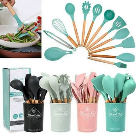 12-Piece Silicone Cooking Utensils Set – Heat Resistant & Non-Toxic Kitchen Tools with Wooden Handles