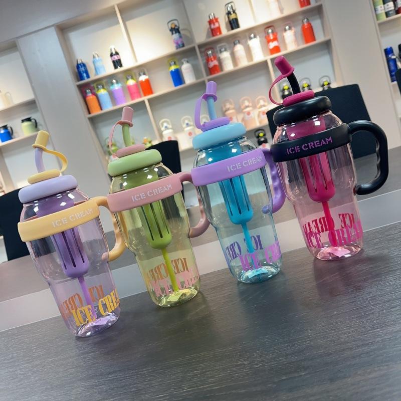 Cute Ice Cream Water Bottle Summer Plastic Cups with Handle Straw Milky Tea Cup Lucky Belly Cup Water Bottle