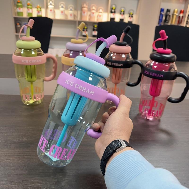 Cute Ice Cream Water Bottle Summer Plastic Cups with Handle Straw Milky Tea Cup Lucky Belly Cup Water Bottle