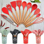 12-Piece Silicone Cooking Utensils Set – Heat Resistant & Non-Toxic Kitchen Tools with Wooden Handles