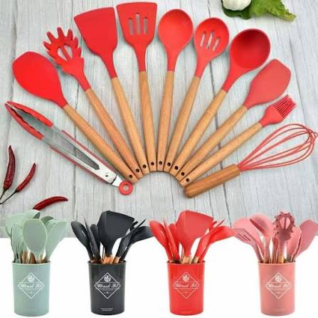 12-Piece Silicone Cooking Utensils Set – Heat Resistant & Non-Toxic Kitchen Tools with Wooden Handles