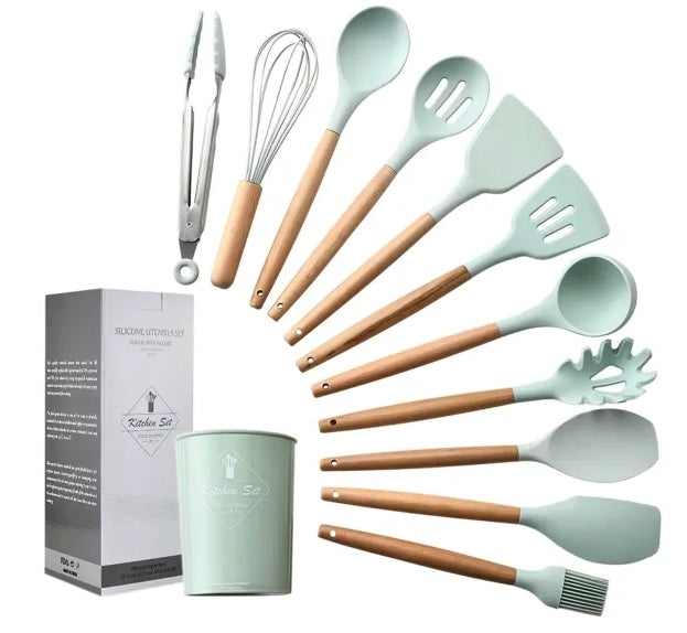 12-Piece Silicone Cooking Utensils Set – Heat Resistant & Non-Toxic Kitchen Tools with Wooden Handles