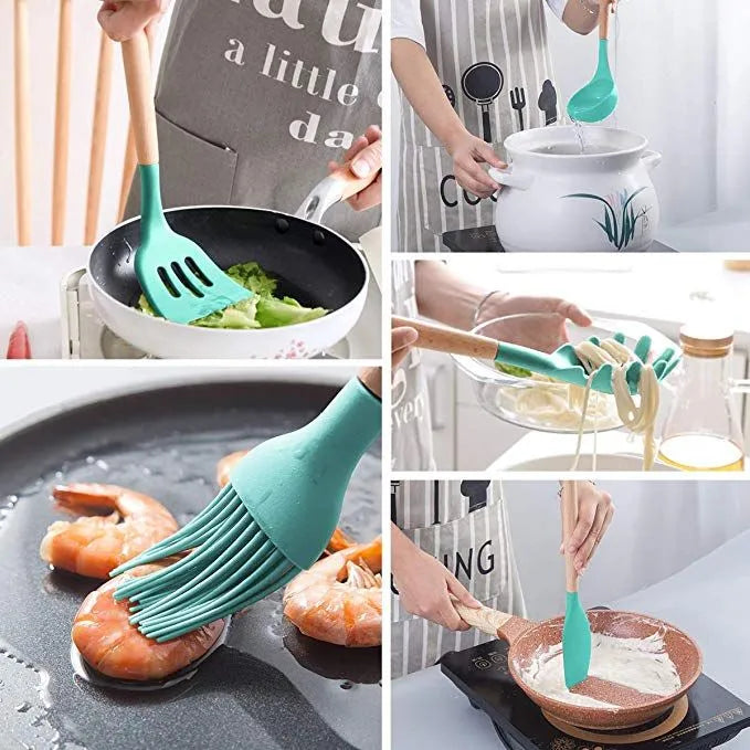 12-Piece Silicone Cooking Utensils Set – Heat Resistant & Non-Toxic Kitchen Tools with Wooden Handles