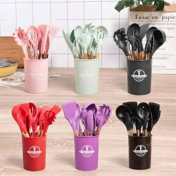12-Piece Silicone Cooking Utensils Set – Heat Resistant & Non-Toxic Kitchen Tools with Wooden Handles