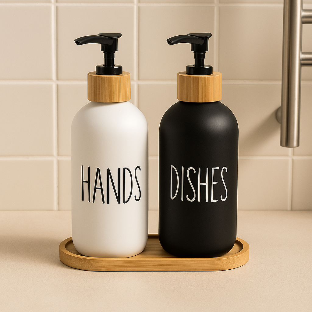 Dual Soap Dispenser With Bamboo Tray round ￼