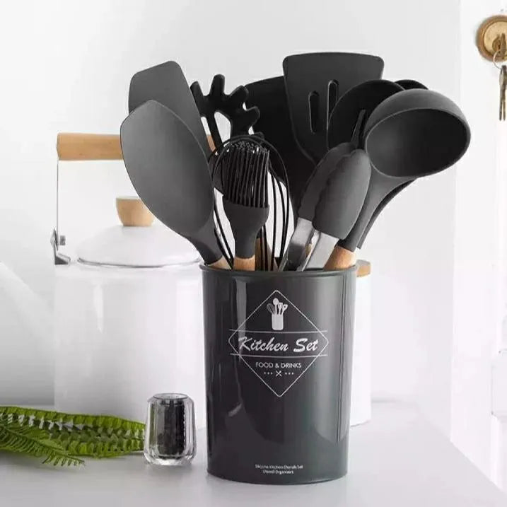 12-Piece Silicone Cooking Utensils Set – Heat Resistant & Non-Toxic Kitchen Tools with Wooden Handles
