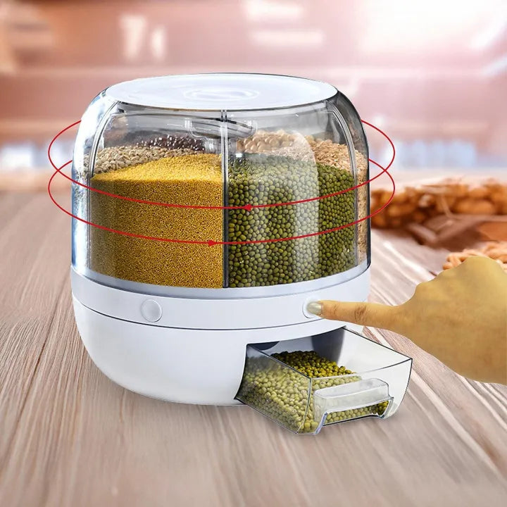 6-Grid 360° Rotating Cereals Rice Container Kitchen Organizer Food Storage Dispenser Box 7KG