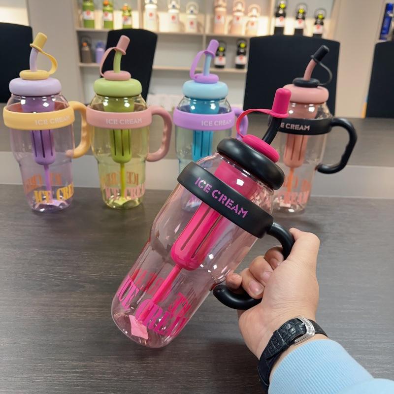 Cute Ice Cream Water Bottle Summer Plastic Cups with Handle Straw Milky Tea Cup Lucky Belly Cup Water Bottle