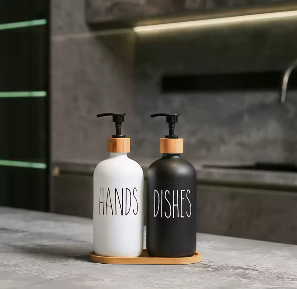 Dual Soap Dispenser With Bamboo Tray round ￼