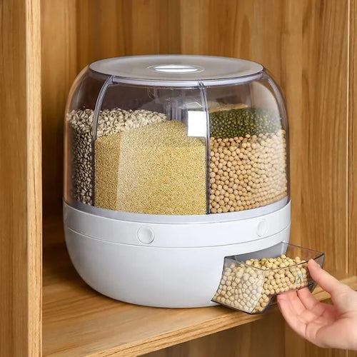 6-Grid 360° Rotating Cereals Rice Container Kitchen Organizer Food Storage Dispenser Box 10 KG