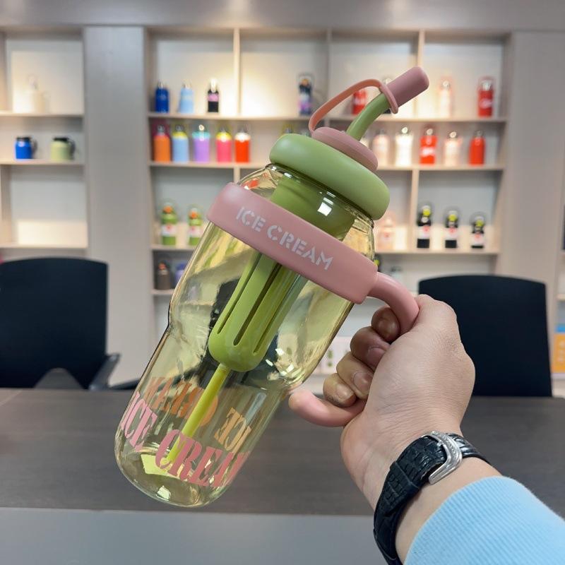Cute Ice Cream Water Bottle Summer Plastic Cups with Handle Straw Milky Tea Cup Lucky Belly Cup Water Bottle