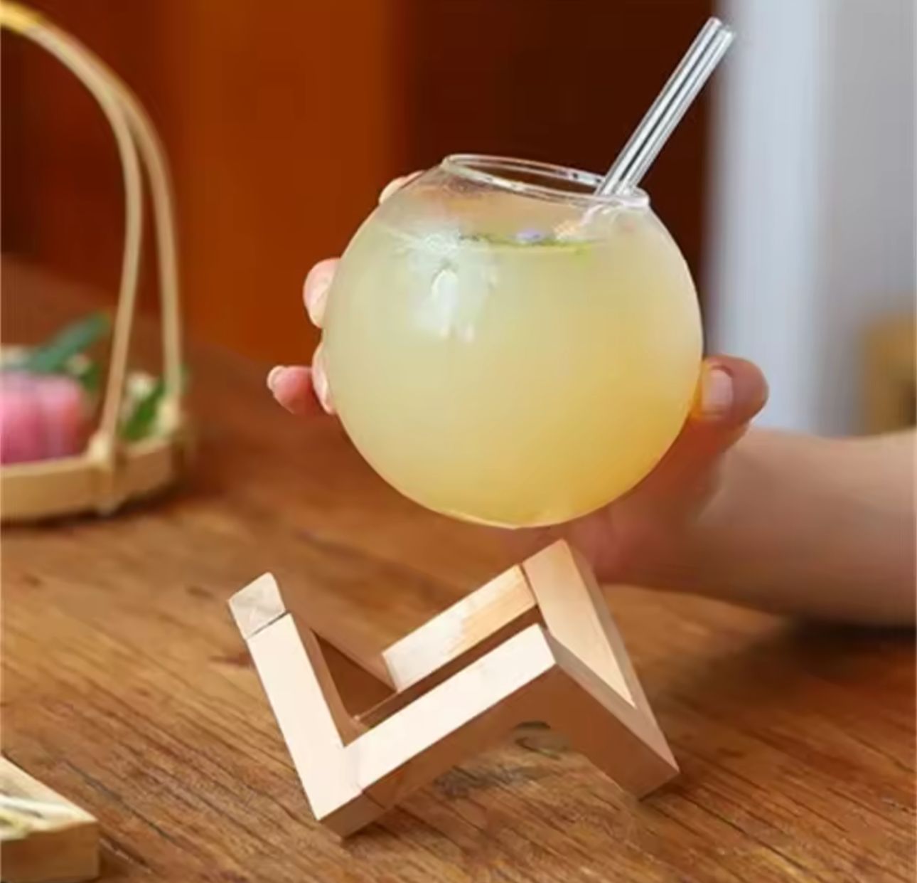 Spherical Cocktail Mug with a Wooden Stand