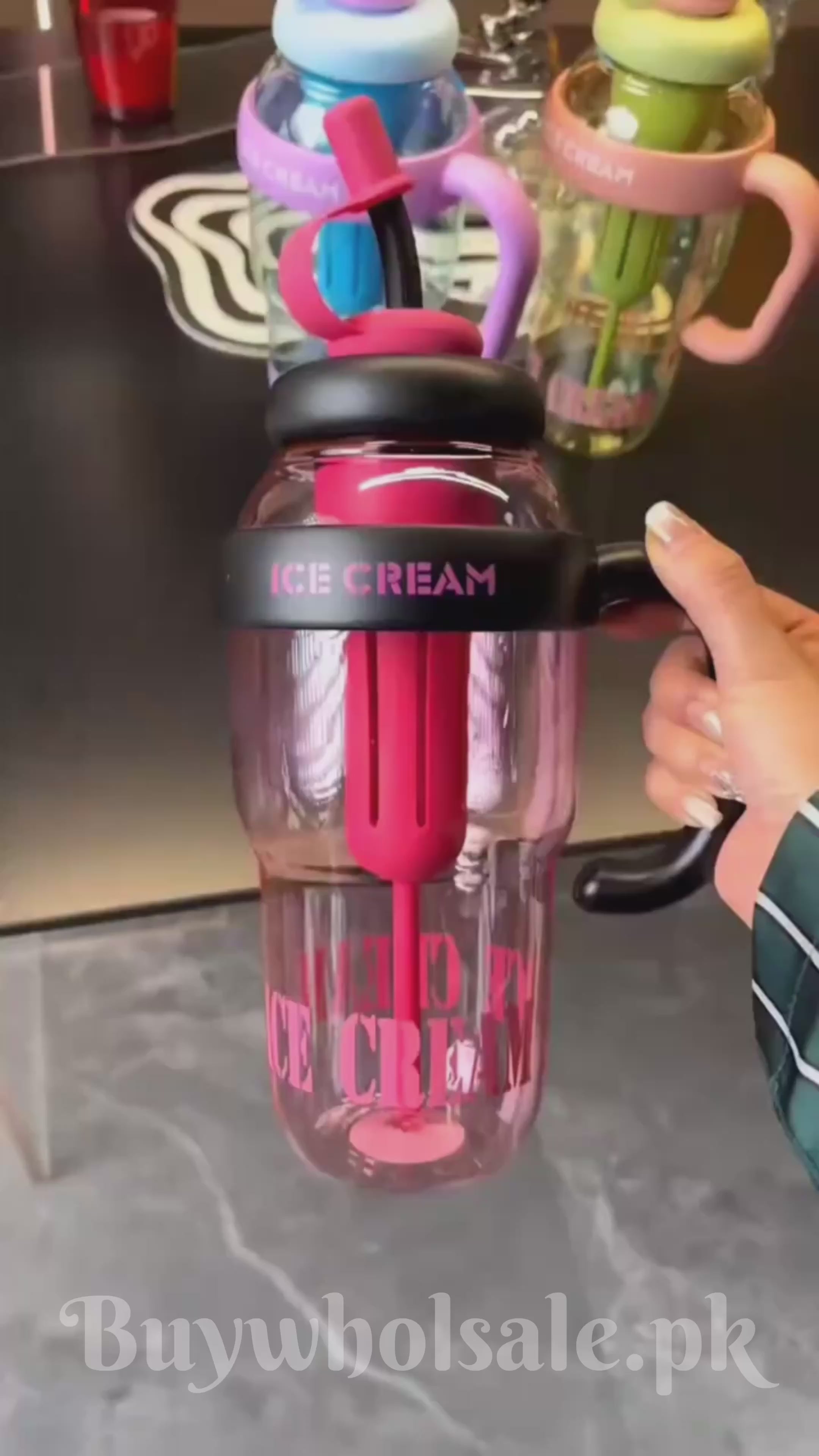 Cute Ice Cream Water Bottle Summer Plastic Cups with Handle Straw Milky Tea Cup Lucky Belly Cup Water Bottle